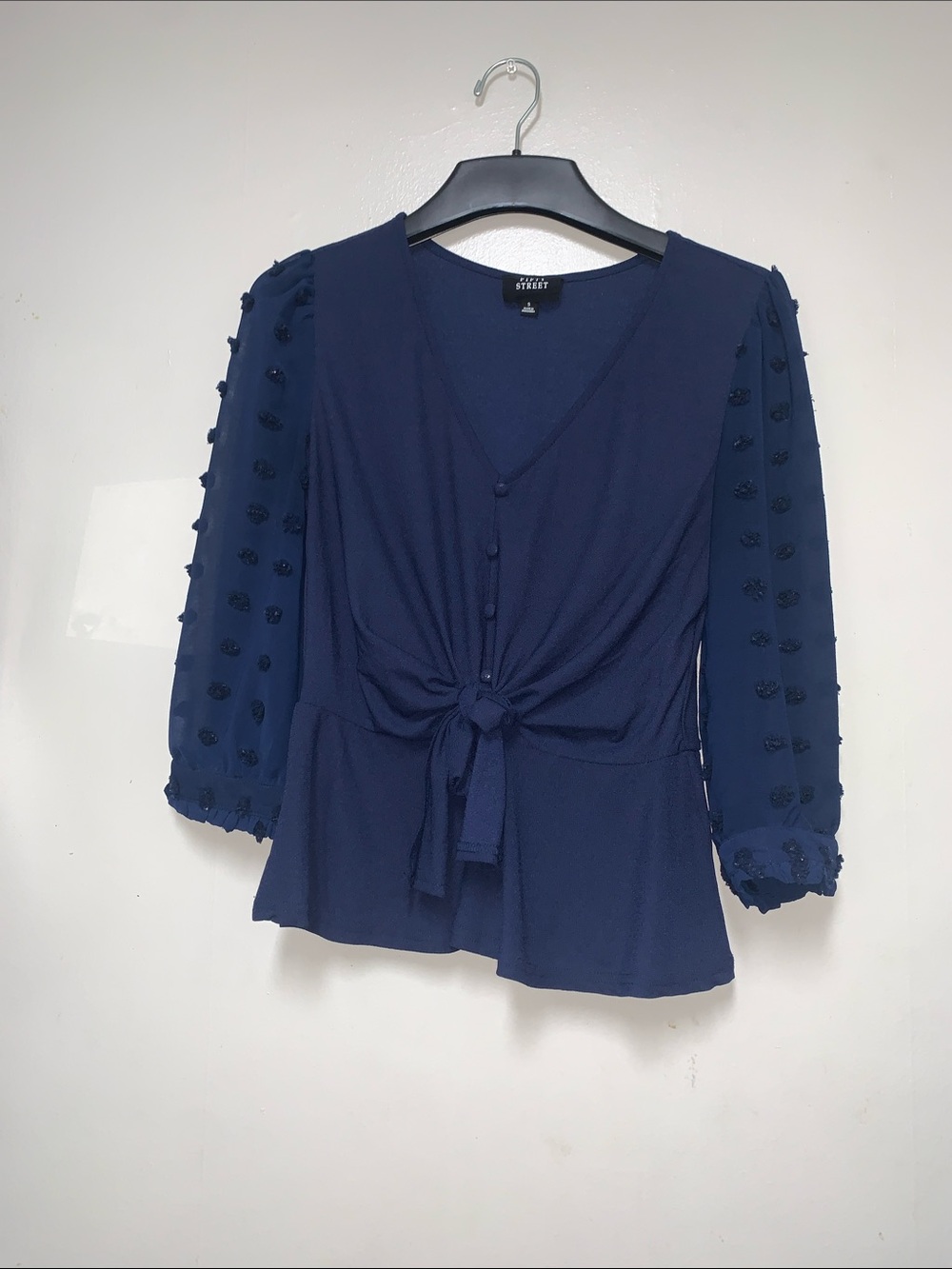 Rue Starlit Navy Tie-Front Textured-Sleeve Blouse